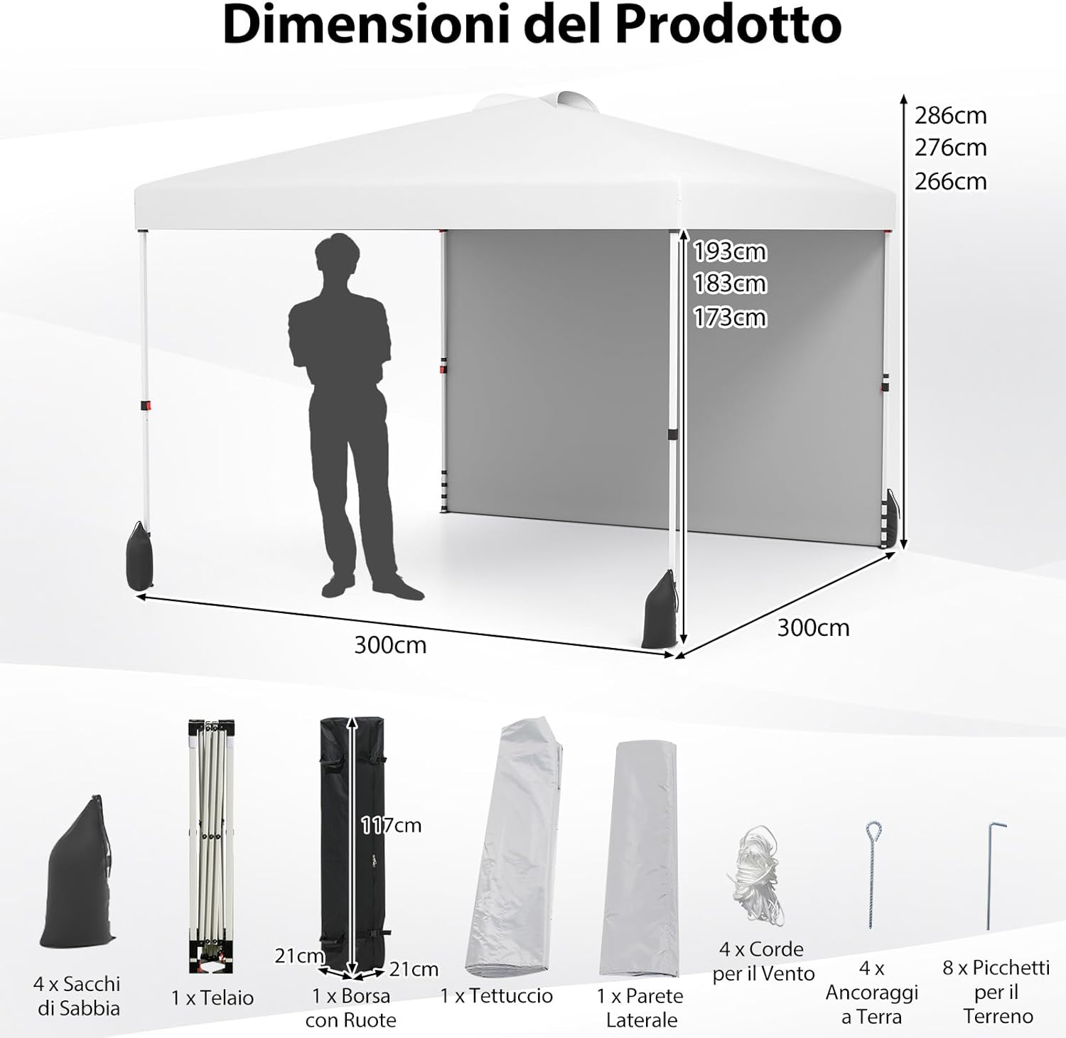 Gazebo Pieghevole 3 x 3 m, Gazebo da Esterno con Borsa con Ruote, Picchetti, Ancoraggi, Corde del Vento, Sacchi di Sabbia e Copertura Ventilata, Tendone Impermeabile per Feste (Bianco)