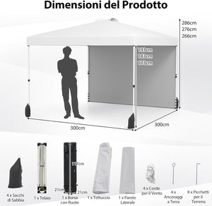 Gazebo Pieghevole 3 x 3 m, Gazebo da Esterno con Borsa con Ruote, Picchetti, Ancoraggi, Corde del Vento, Sacchi di Sabbia e Copertura Ventilata, Tendone Impermeabile per Feste (Bianco)