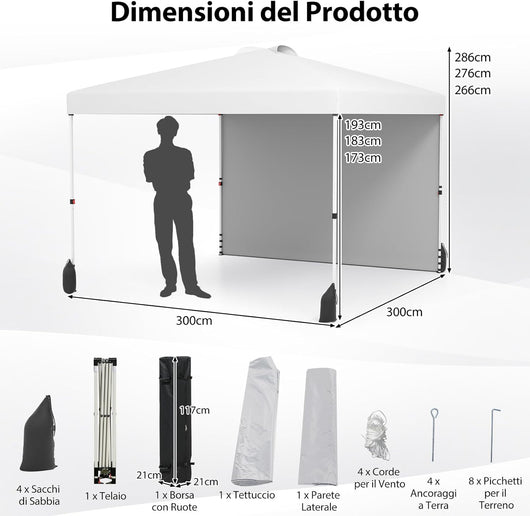 Gazebo Pieghevole 3 x 3 m, Gazebo da Esterno con Borsa con Ruote, Picchetti, Ancoraggi, Corde del Vento, Sacchi di Sabbia e Copertura Ventilata, Tendone Impermeabile per Feste (Bianco)