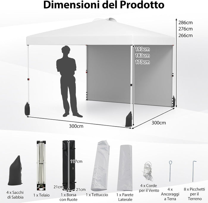 Gazebo Pieghevole 3 x 3 m, Gazebo da Esterno con Borsa con Ruote, Picchetti, Ancoraggi, Corde del Vento, Sacchi di Sabbia e Copertura Ventilata, Tendone Impermeabile per Feste (Bianco)