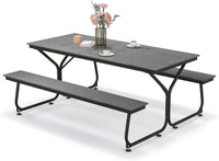 Tavolo con Panche da Esterno, Tavolo da Pranzo 183 CM con 2 Panche per 8 Persone, Tavolo da Picnic in Metallo e HDPE con Foro per Ombrellone, per Giardino Terrazzo (Grigio)