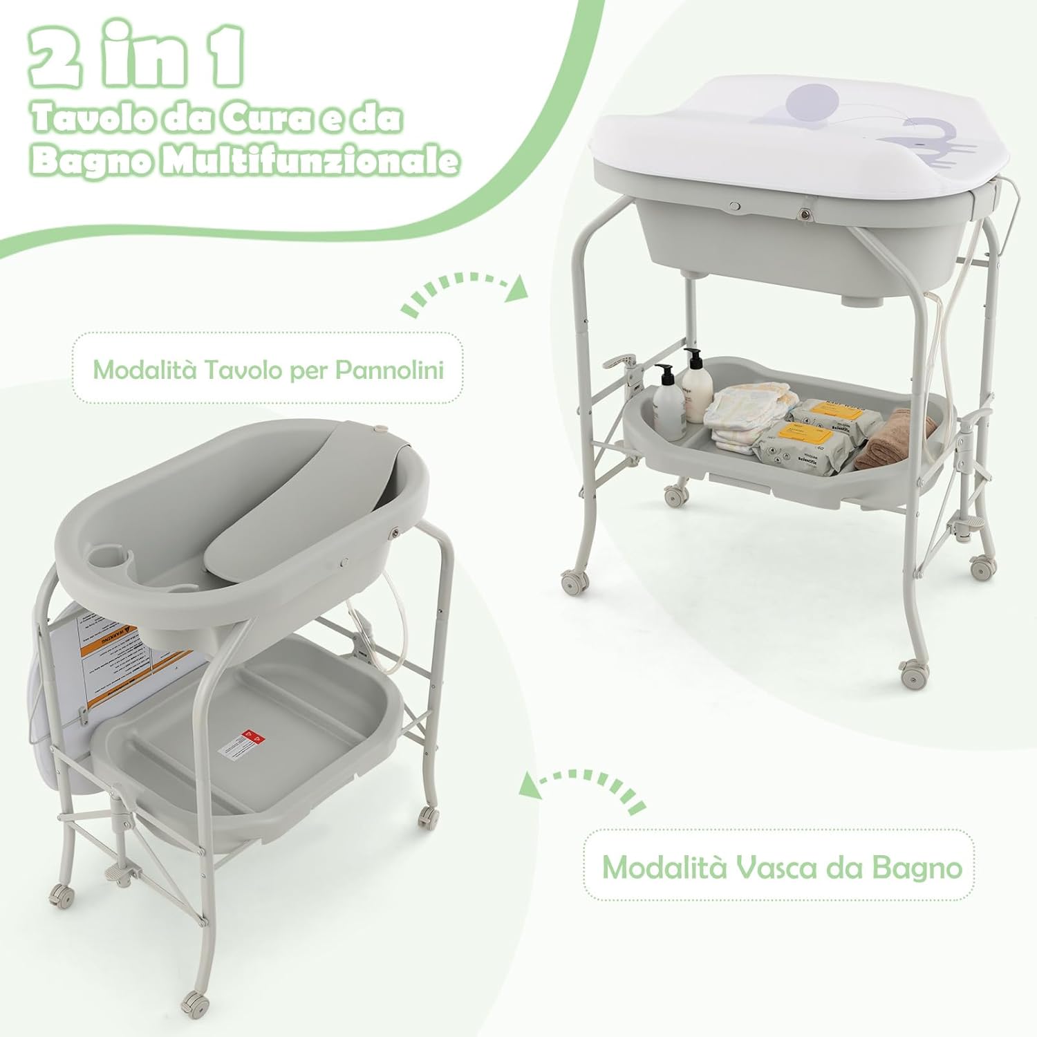 Fasciatoio con Vaschetta da Bagno per Neonati, Fasciatoio Pieghevole Salvaspazio con Materassino in PVC e Ruote, per Bambini 0-12 Mesi, Portata 15kg+35 kg (Grigio Chiaro)