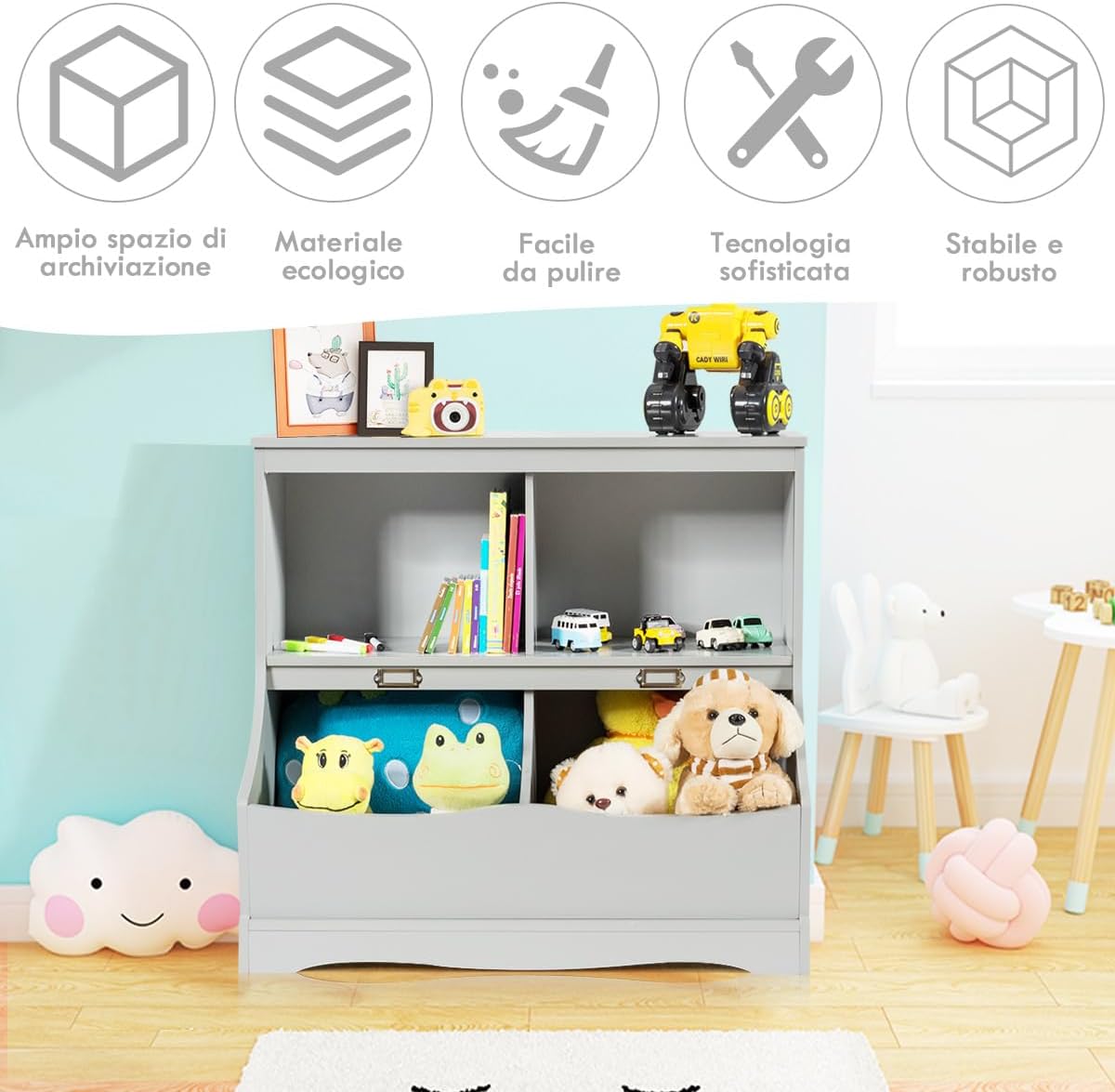 Scaffale Libreria Organizer Porta Giocattoli, con 2 Scomparti e 2 Contenitori, Libreria Multiuso con Pedana, per Camera dei Bambini (Grigio)