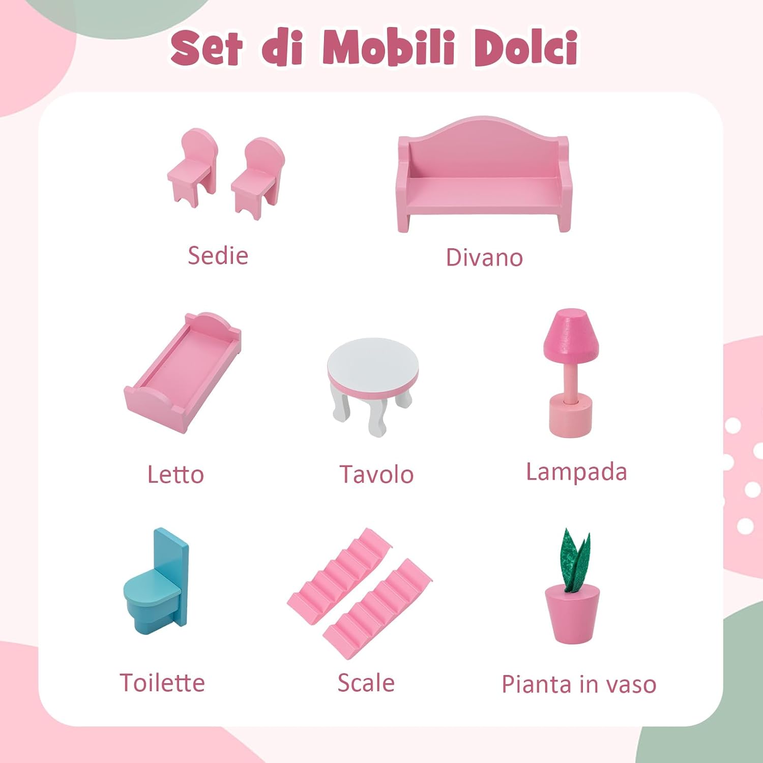 Casa delle Bambole in Legno, Set di Casa delle Bambole per Bambini con 5 Stanze e 10 Mobili, 3 Piani, Casetta Bambole per Bambini 3-7 Anni, 60 x 25 x 70 cm