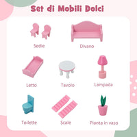 Casa delle Bambole in Legno, Set di Casa delle Bambole per Bambini con 5 Stanze e 10 Mobili, 3 Piani, Casetta Bambole per Bambini 3-7 Anni, 60 x 25 x 70 cm