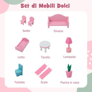 Casa delle Bambole in Legno, Set di Casa delle Bambole per Bambini con 5 Stanze e 10 Mobili, 3 Piani, Casetta Bambole per Bambini 3-7 Anni, 60 x 25 x 70 cm