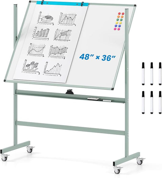 Lavagna Bianca Magnetica Doppia, Lavagna Bianca Regolabile in Altezza e Ruote Bloccabili, 6 Pennarelli, 12 Calamite e 1 Cancellino, Ideale per Scuola, 126 x 53,5 x 160-180 cm (Verde)