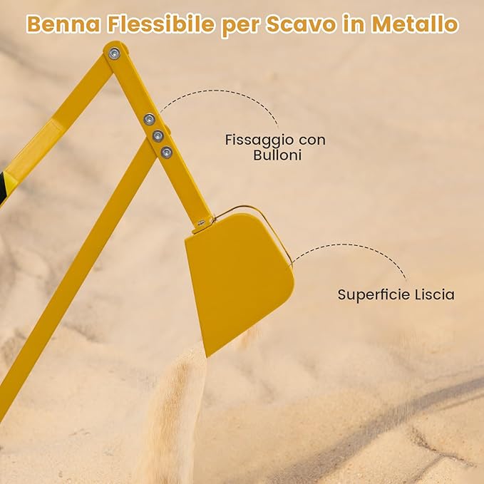 Escavatore per Bambini, Scavatore per Sabbiera con Comandi a 2 Mani e Pala Flessibile, Sedile Rotante a 360°, 4 Ruote, Ideale per Bambini 3 Anni+ (con Ruote Giallo)