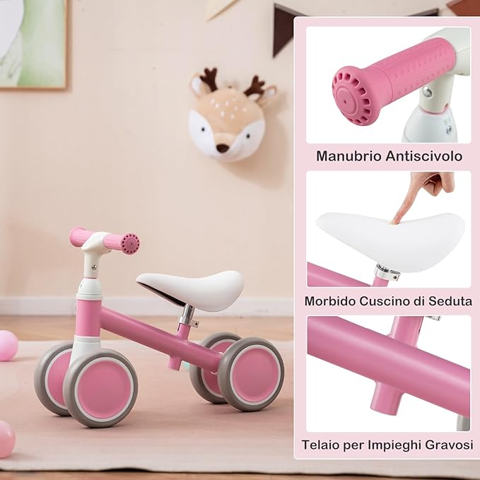 Bicicletta Senza Pedali per Bambini 1-3 Anni, Bicicletta Equilibrio con 4 Ruote, Manubrio e Sella Regolabili in Altezza, Bici per Bambini, Portata 25 kg