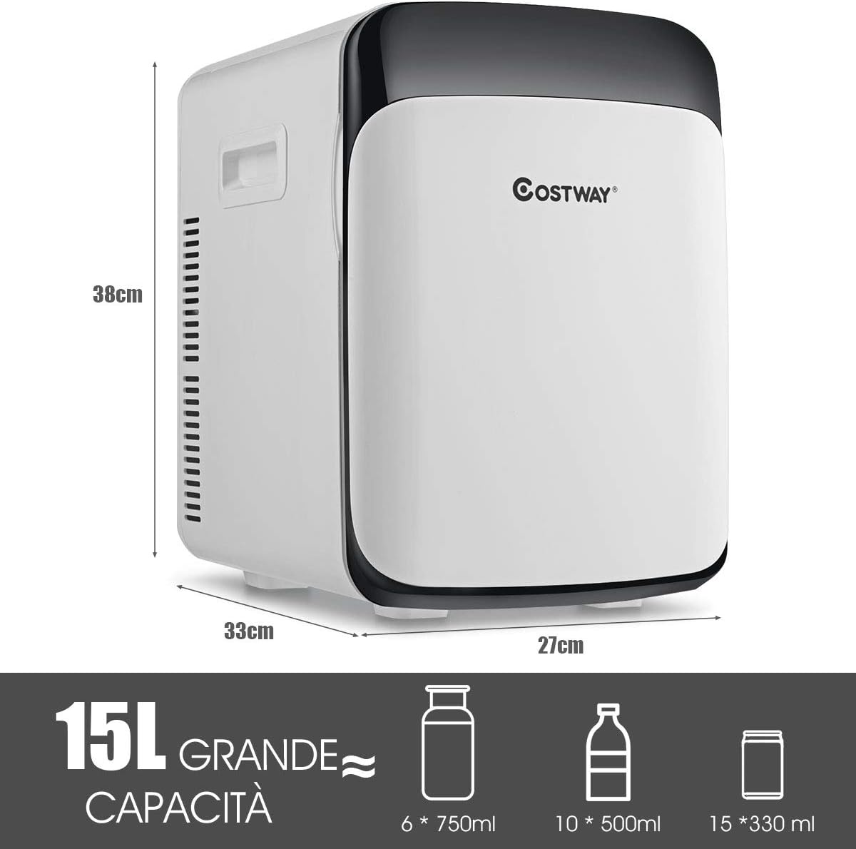 Mini Frigorifero Elettrico 15L, Funzione Caldo e Freddo, Mini frigo per Casa Auto Ufficio e Dormitorio, Prese Incluse, 27 x 33 x 38 cm, DC 12V/AC 220-240V (Bianco) [Classe di efficienza