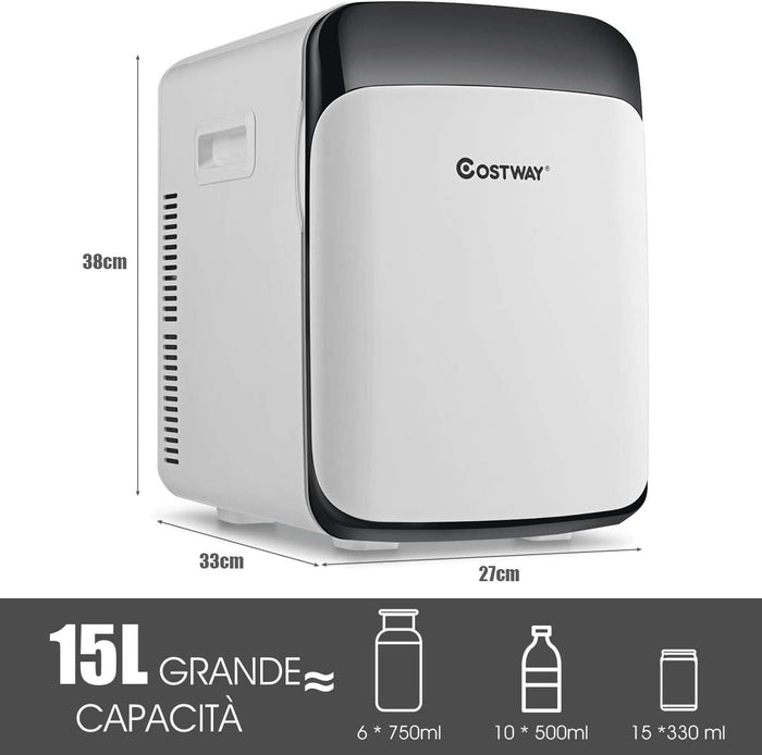 Mini Frigorifero Elettrico 15L, Funzione Caldo e Freddo, Mini frigo per Casa Auto Ufficio e Dormitorio, Prese Incluse, 27 x 33 x 38 cm, DC 12V/AC 220-240V (Bianco) [Classe di efficienza