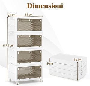 Comodino in Plastica Multipiano con Coperchio 168 L, Scatole Impilabili con 4 Ruote e Freni, Contenitori di Stoccaggio Pieghevole, per Soggiorno, Camera da Letto e Bagno, Bianco (4 Ripiani)
