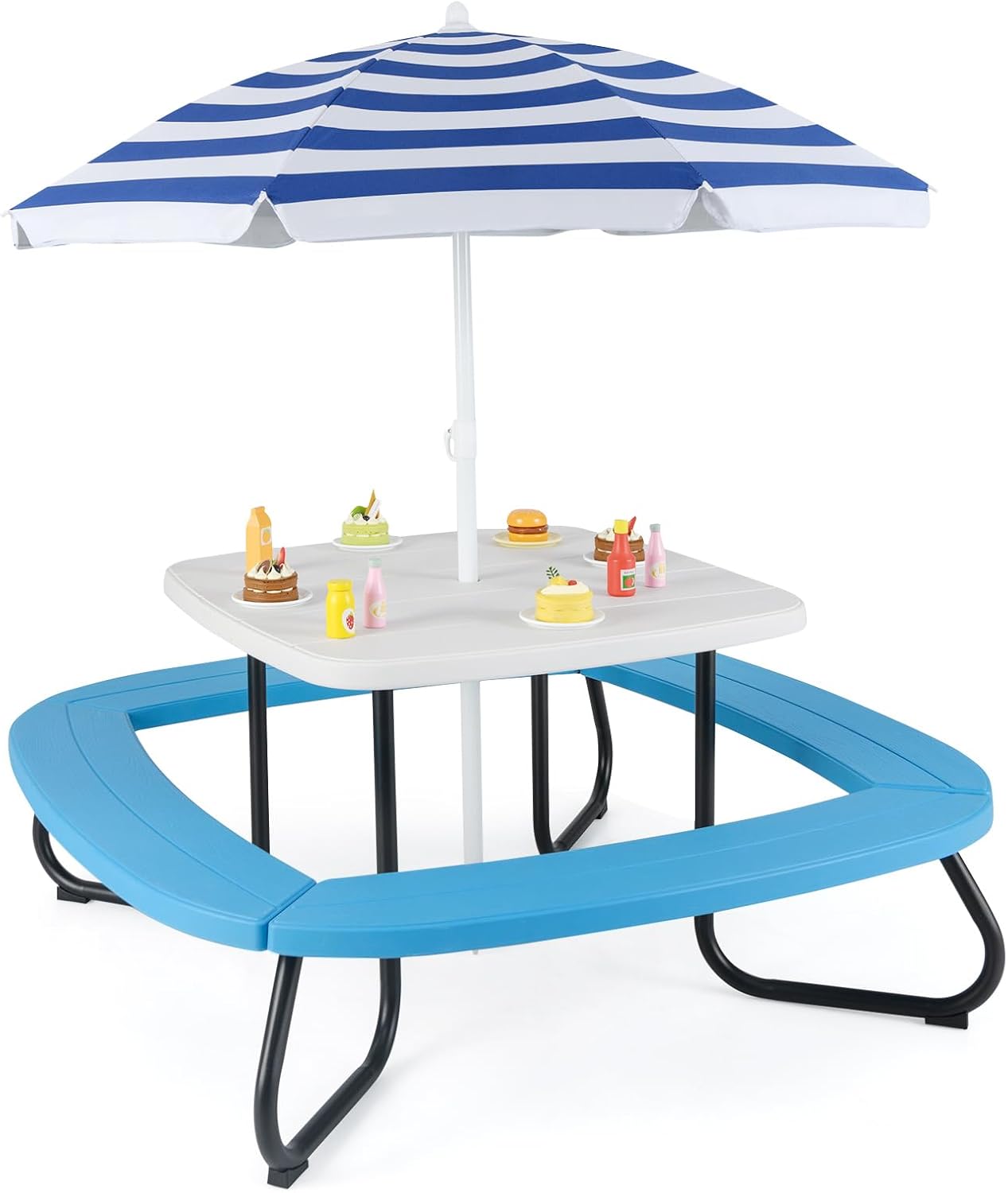 Tavolo da Picnic per Bambini con 8 Posti 125 × 125 × 100-160 cm, Tavolino Bambini in HDPE con Ombrellone Regolabile e Pieghevole, Struttura in Metallo e 4 Panchine (tavolo bianco)