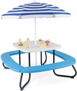 Tavolo da Picnic per Bambini con 8 Posti 125 × 125 × 100-160 cm, Tavolino Bambini in HDPE con Ombrellone Regolabile e Pieghevole, Struttura in Metallo e 4 Panchine (tavolo bianco)