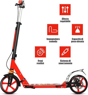 Monopattino Bambini e Adulti, Monopattino a Spinta Pieghevole e Regolabile in 3 Altezze, Monopattino Portatile con 2 Ruote, Cavalletto, Freno e Pedale Antiscivolo, Portata 100 kg