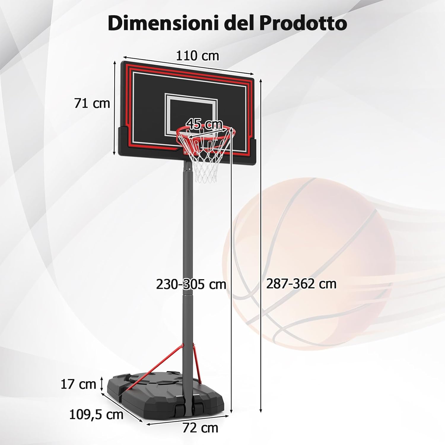 Canestro da Basket da Esterno Regolabile in Altezza 230-305 cm con Tabellone Resistenza agli Urti da 110 cm, Ruote e Base Riempibile, Canestro da Basket Portatile per Adulti e Ragazzi