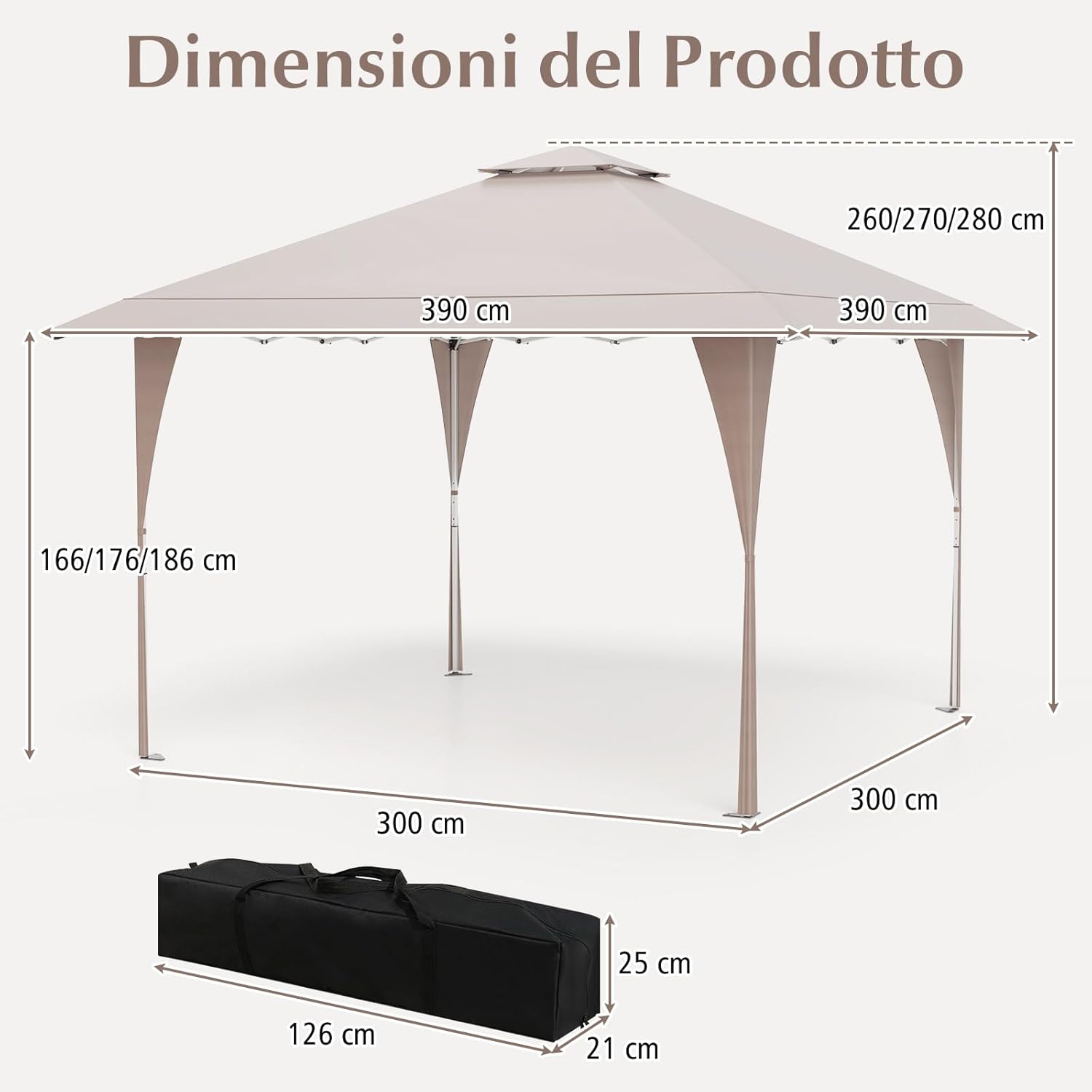 Tenda Pop-up Esterno 4x4 m Doppio Tetto, Gazebo da Giardino Altezza Regolabile con Fori di Drenaggio, Tenda da Giardino Antivento Facile da Montare con Borsa di Trasporto (Kaki)
