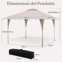 Tenda Pop-up Esterno 4x4 m Doppio Tetto, Gazebo da Giardino Altezza Regolabile con Fori di Drenaggio, Tenda da Giardino Antivento Facile da Montare con Borsa di Trasporto (Kaki)