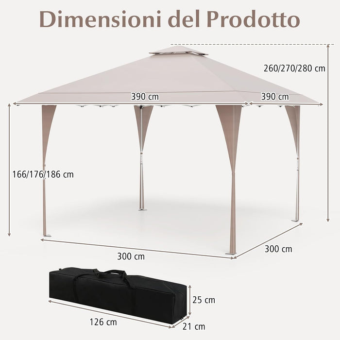Tenda Pop-up Esterno 4x4 m Doppio Tetto, Gazebo da Giardino Altezza Regolabile con Fori di Drenaggio, Tenda da Giardino Antivento Facile da Montare con Borsa di Trasporto (Kaki)