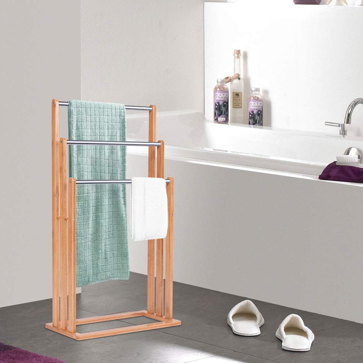 Portasciugamani in Bambù da Terra 46x24x84cm, Mobile Bagno con 3 Aste per Asciugamano in Acciaio Inox, Colore Naturale