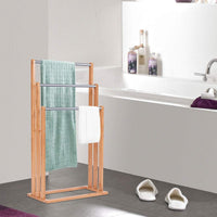 Portasciugamani in Bambù da Terra 46x24x84cm, Mobile Bagno con 3 Aste per Asciugamano in Acciaio Inox, Colore Naturale