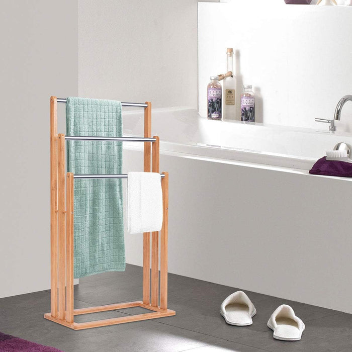 Portasciugamani in Bambù da Terra 46x24x84cm, Mobile Bagno con 3 Aste per Asciugamano in Acciaio Inox, Colore Naturale