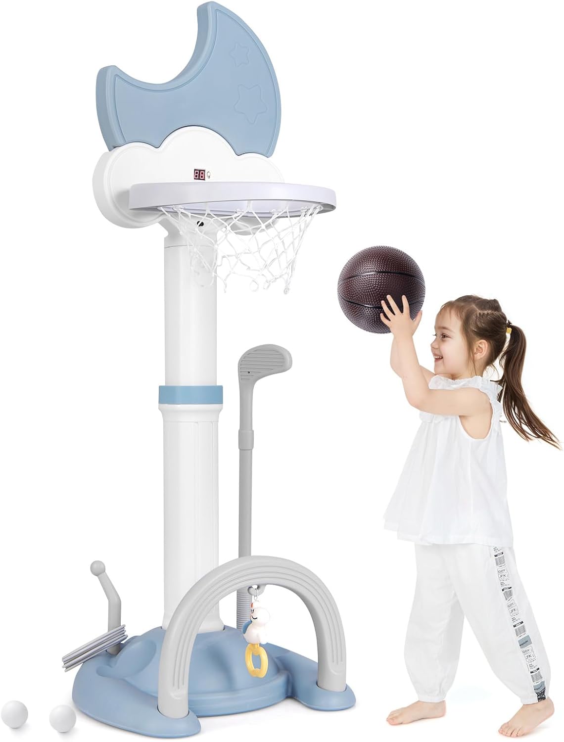 4 in 1 Canestro da Basket per Bambini, Centro di Attività Sportiva Regolabile con Basket Calcio Golf e Gioco del Lancio dell'Anello, per Interno ed Esterno, 3 Anni+ (Blu)