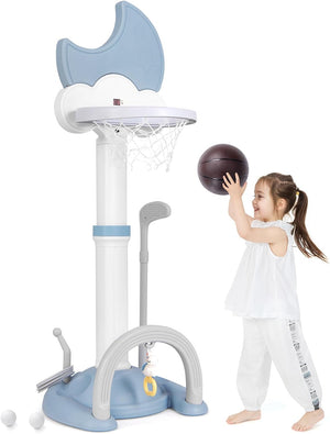 4 in 1 Canestro da Basket per Bambini, Centro di Attività Sportiva Regolabile con Basket Calcio Golf e Gioco del Lancio dell'Anello, per Interno ed Esterno, 3 Anni+ (Blu)
