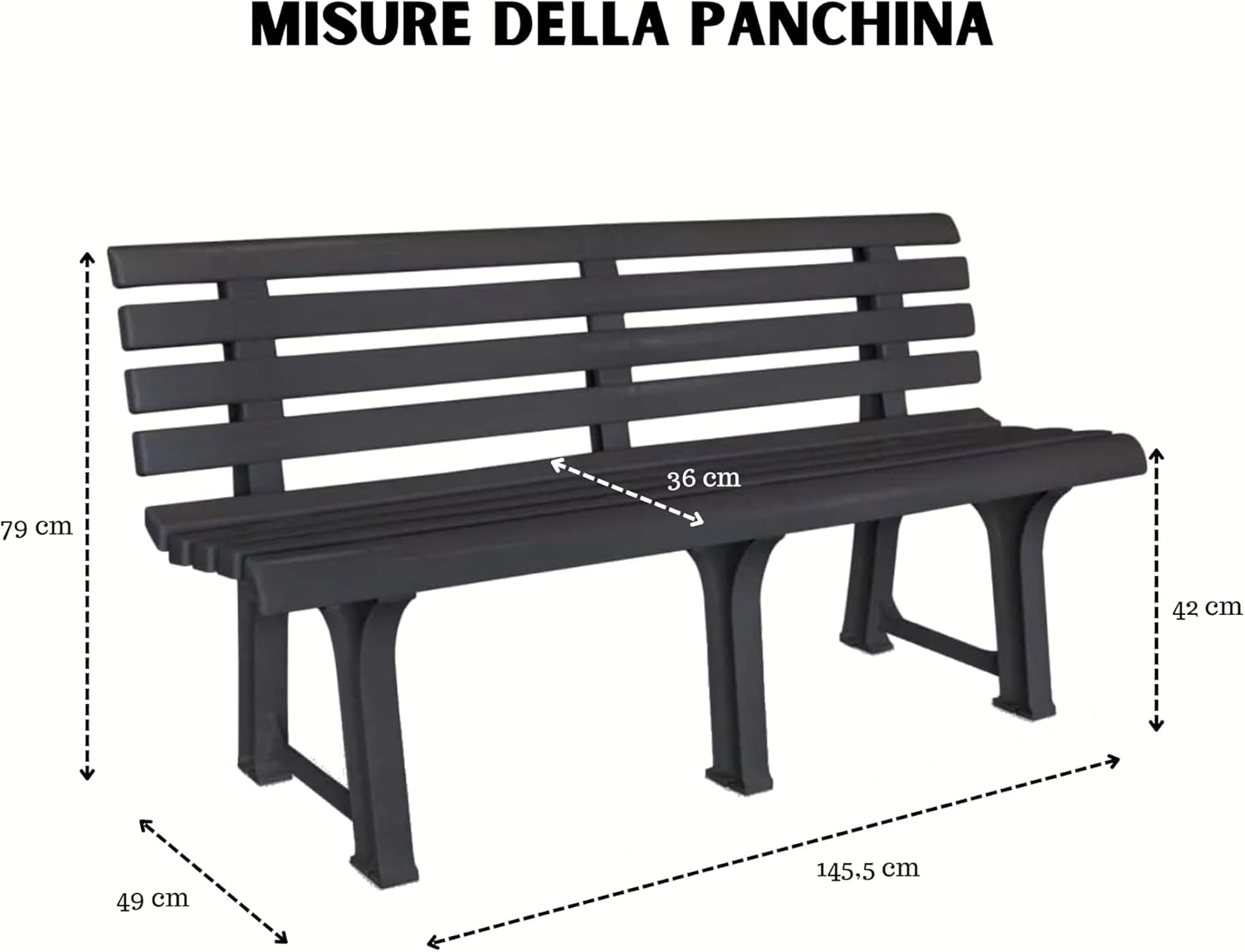 Panchina 3 Posti Da Esterno E Interno, Panchina Da Giardino In Plastica, Comoda E Resistente colore antracite Tomaino