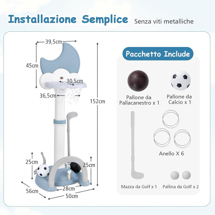 4 in 1 Canestro da Basket per Bambini, Centro di Attività Sportiva Regolabile con Basket Calcio Golf e Gioco del Lancio dell'Anello, per Interno ed Esterno, 3 Anni+ (Blu)