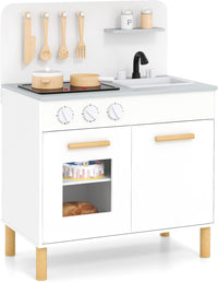 Cucina Giocattolo con Fornelli a Suoni e Luci Reali, Cucina per Bambini in Legno con Lavandelo Estrabile, Rubinetto e Forno, Set Cucina con 11 Accessori, 55 x 31 x 75 cm (Bianco)