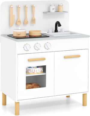 Cucina Giocattolo con Fornelli a Suoni e Luci Reali, Cucina per Bambini in Legno con Lavandelo Estrabile, Rubinetto e Forno, Set Cucina con 11 Accessori, 55 x 31 x 75 cm (Bianco)