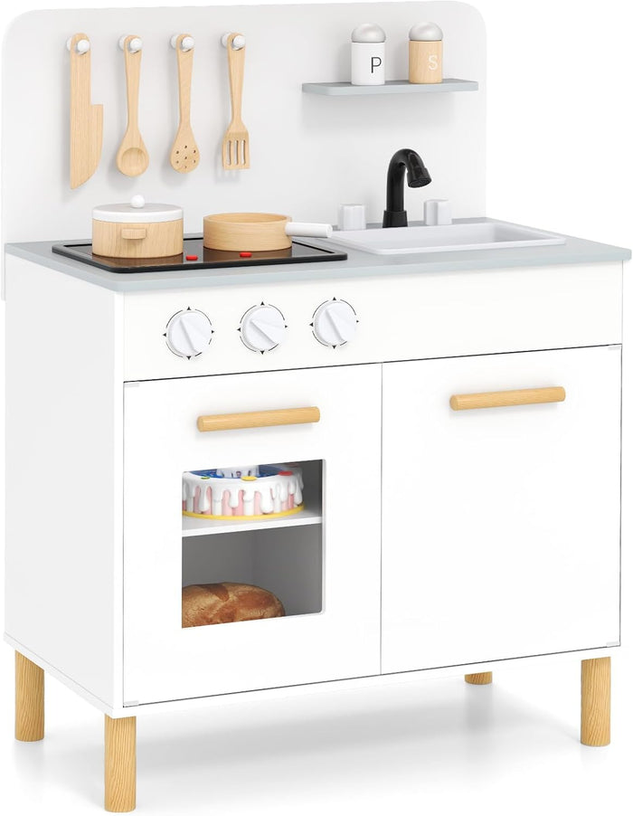 Cucina Giocattolo con Fornelli a Suoni e Luci Reali, Cucina per Bambini in Legno con Lavandelo Estrabile, Rubinetto e Forno, Set Cucina con 11 Accessori, 55 x 31 x 75 cm (Bianco)