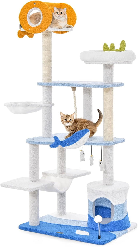 Tiragraffi per Gatti a Tema Oceanico, Torre per Gatti con Pali Tiragraffi Rivestiti di Sisal, Nicchia, Posatoio, Amaca, Piattaforme, Giocattoli Oscillanti, Palla Molla e Corda di Sisal