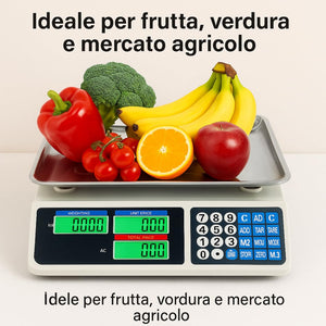 Bilancia Elettronica Professionale da Banco per Alimenti - Bilancia Digitale con 7 Tasti di Memoria e Piatto in Acciaio Inox e Schermo LCD con Prezzo