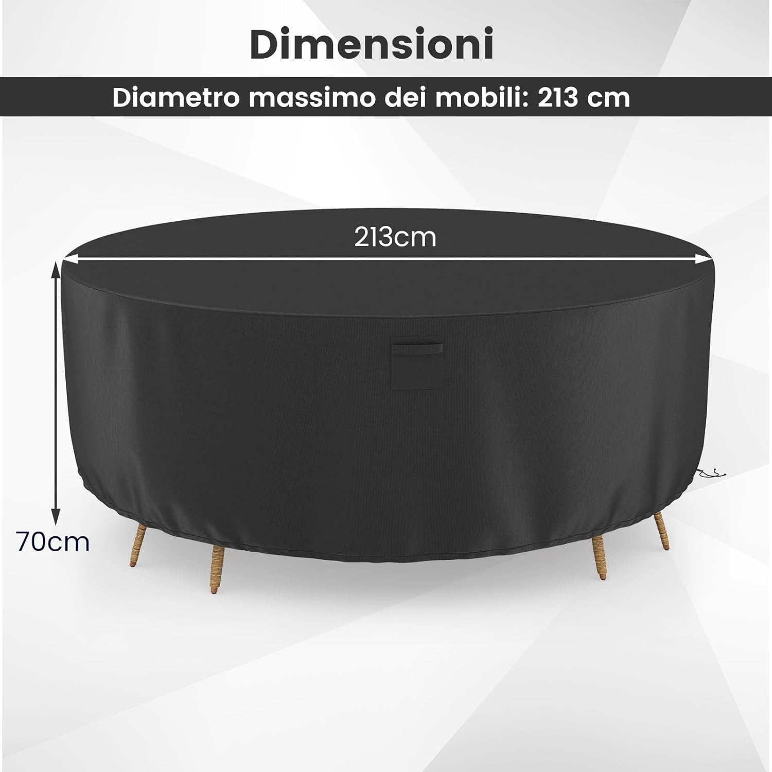 Copertura per Mobili da Giardino Rotonda da 158/183/213 CM, Copertura per Tavolo e Sedie da Esterno con Ventilazione, Fibbie e Coulisse, Impermeabile (L, Nero)