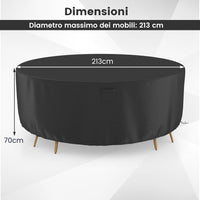Copertura per Mobili da Giardino Rotonda da 158/183/213 CM, Copertura per Tavolo e Sedie da Esterno con Ventilazione, Fibbie e Coulisse, Impermeabile (L, Nero)