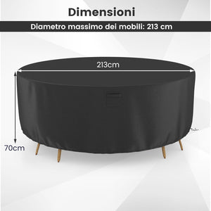 Copertura per Mobili da Giardino Rotonda da 158/183/213 CM, Copertura per Tavolo e Sedie da Esterno con Ventilazione, Fibbie e Coulisse, Impermeabile (L, Nero)