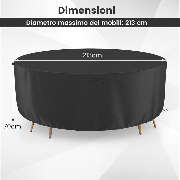 Copertura per Mobili da Giardino Rotonda da 158/183/213 CM, Copertura per Tavolo e Sedie da Esterno con Ventilazione, Fibbie e Coulisse, Impermeabile (L, Nero)