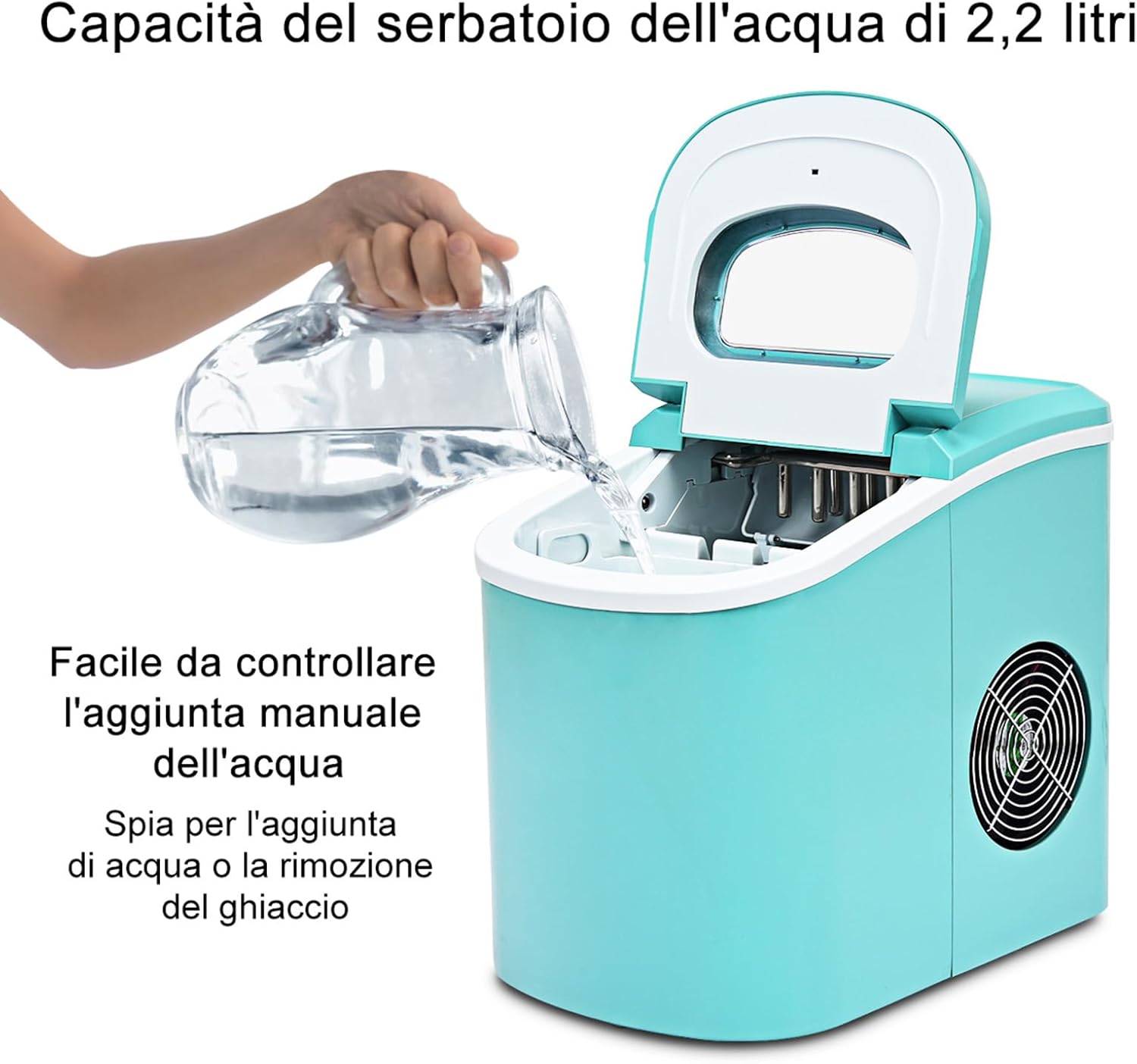 Macchina del Ghiaccio Portatile 12kg/24h, Macchina del Ghiaccio Cubetti con Cucchiaio Porzionatore e Cesto, 9 Cubetti di Ghiaccio in 6-13 Minuti (Verde)