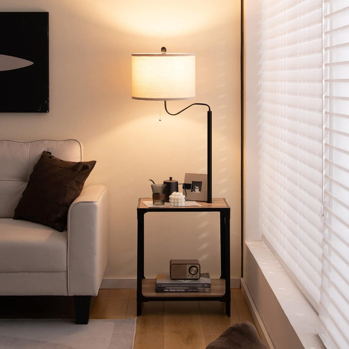 Lampada da Terra in Metallo e Legno, Lampada da Lettura con Tavolino, Mensola e Porta USB, Lampada Ruotabile di 360° per Camera da letto e Salotto