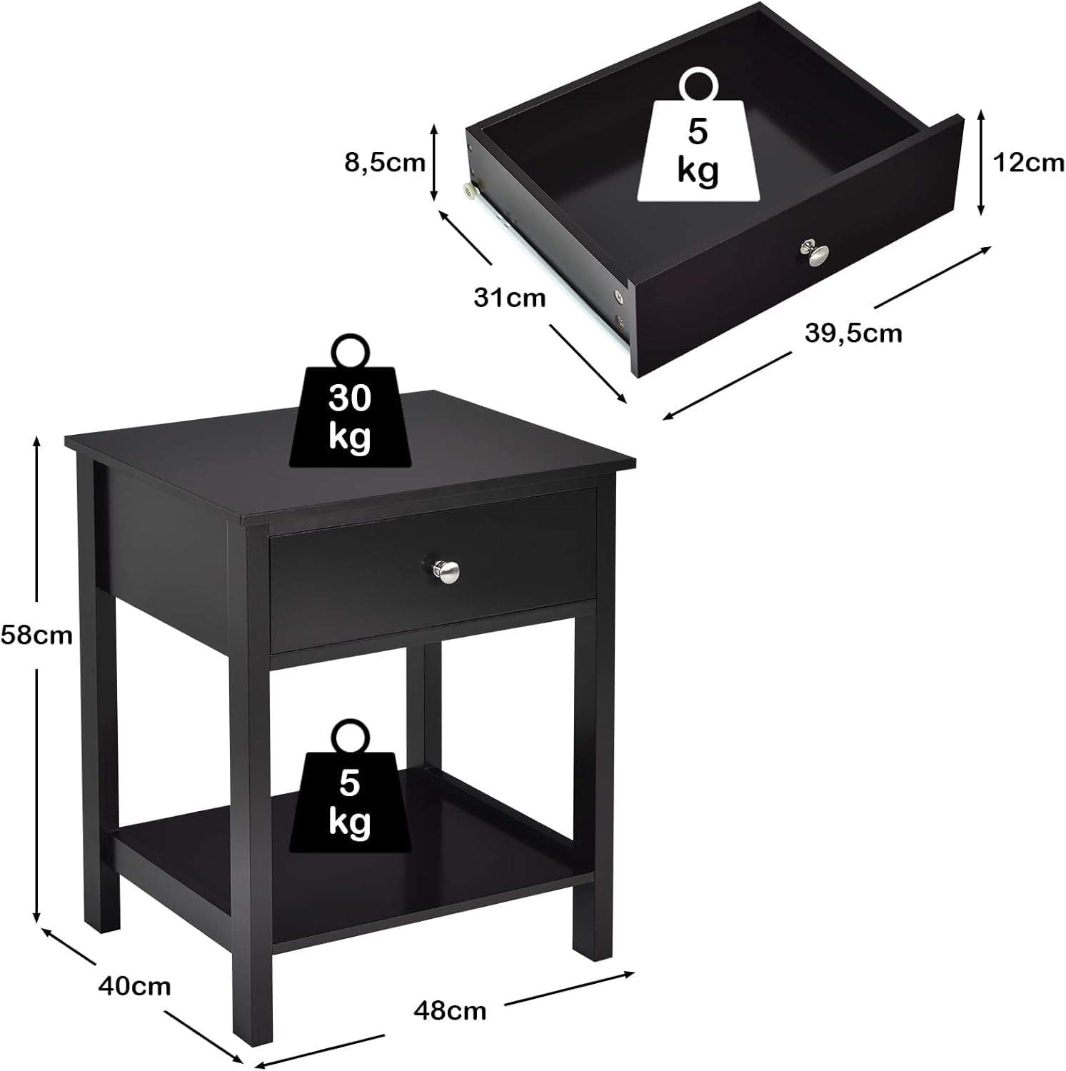 Comodino con Cassetto, Tavolino in Legno con 2 Livelli, Cassettiera da Letto Multifunzionale per Salone Camera da Letto Corridoio, 48 x 40 x 58 cm (Nero, 2 Pezzi)