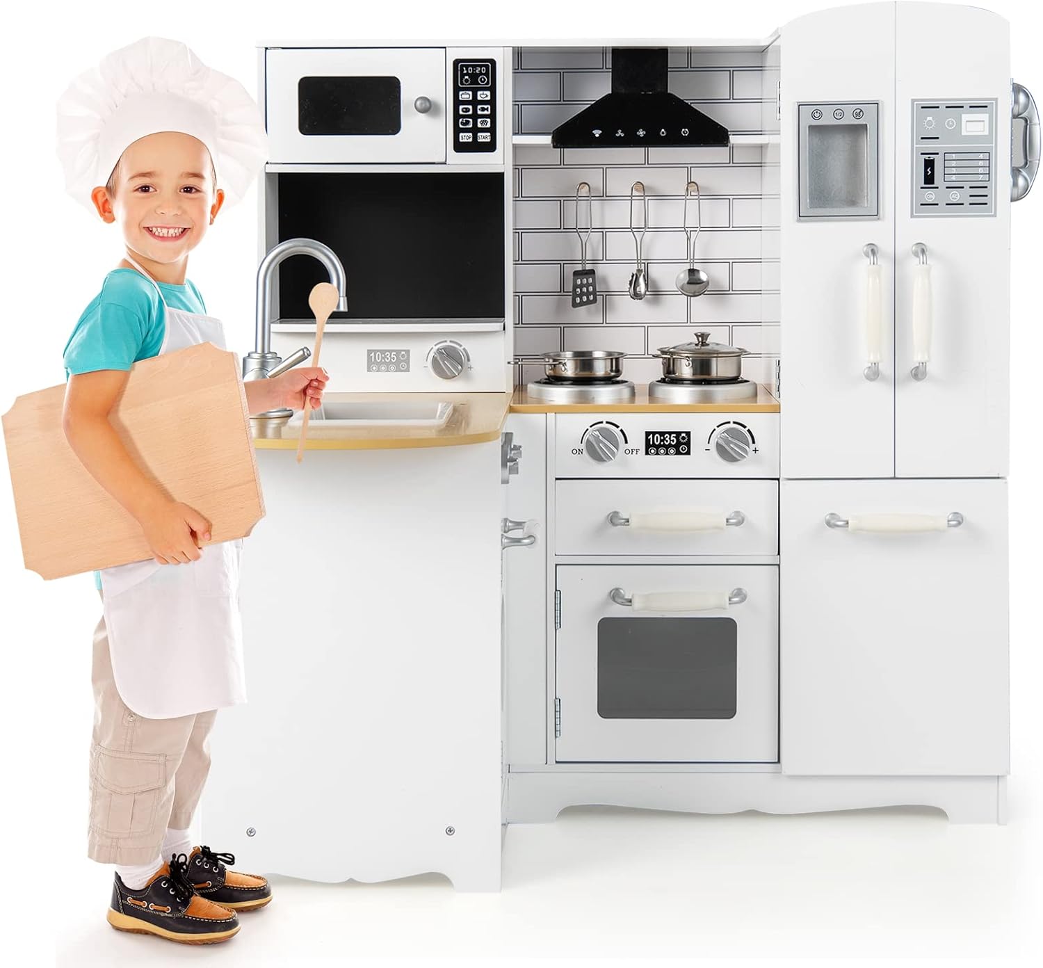 Cucina Giocattolo per Bambini, Cucina per Bambini in Legno con Lavello, Fornelli, Cappa, Telefono, Frigorifero, Lavatrice e Utensili da Cucina, 3 Anni+, Bianco