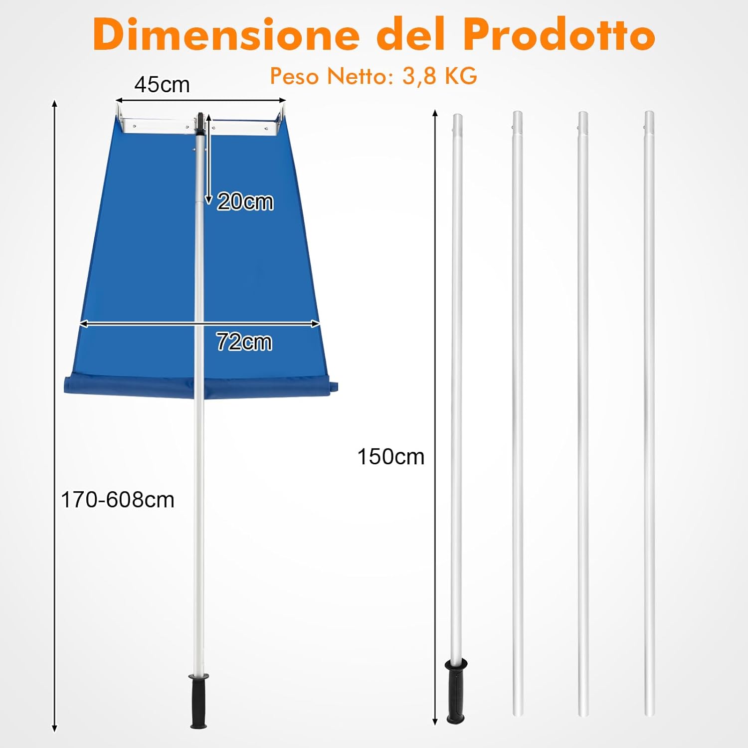 Rastrello per Neve sul Tetto da170-608 cm, Rastrello per Rimozione Neve con Asta a 4 Sezioni, Telaio in Alluminio, per Rimozione Neve da Casa e Garage