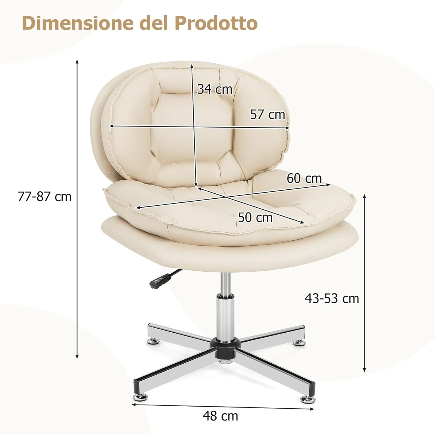 Sedia da Ufficio a Casa, Sedia Scrivania con Schiena Doppiamente Riempita & Seduta, Sedia Girevole e Regolabile, Base Metallica a Crociera, Portata 150 kg, per Salotto, Studio, Ufficio