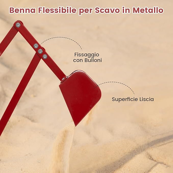 Escavatore Giocattolo, Ruspa Cavalcabile per Bambini con Comandi a 2 Mani e Pala Flessibile, Sedile Rotante 360°, 4 Ruote, per Bambini 3 Anni+ (con Ruote Rosso)