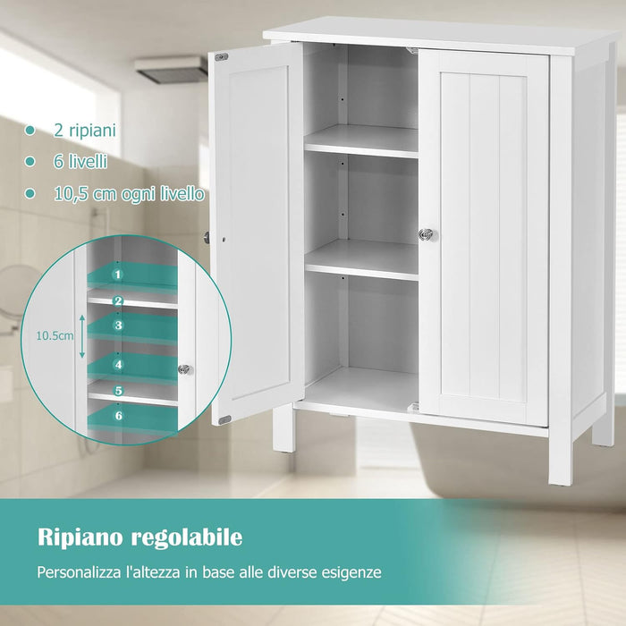 Mobile Bagno con Ripiani 60 x 30 x 80,5 cm, Mobiletto Multiuso con Doppia Anta e Mensola Regolabile, Mobile a Terra Salvaspazio per Casa, Soggiorno e Corridoio (Bianco)