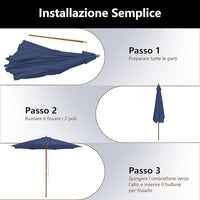 Ombrellone da Giardino 300 x 300 cm, Ombrellone Pieghevole con 8 Stecche di Bambù, 3 Altezze Regolabili, Ombrellone da Parasole Impermeabile, per Giardino Cortile Piscina