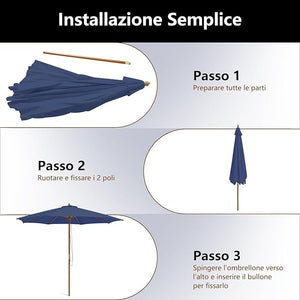Ombrellone da Giardino 300 x 300 cm, Ombrellone Pieghevole con 8 Stecche di Bambù, 3 Altezze Regolabili, Ombrellone da Parasole Impermeabile, per Giardino Cortile Piscina