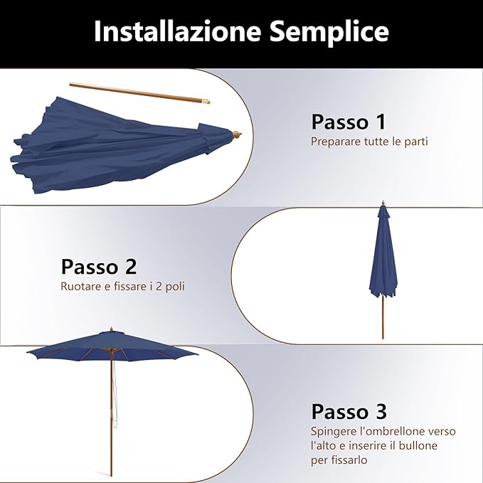 Ombrellone da Giardino 300 x 300 cm, Ombrellone Pieghevole con 8 Stecche di Bambù, 3 Altezze Regolabili, Ombrellone da Parasole Impermeabile, per Giardino Cortile Piscina